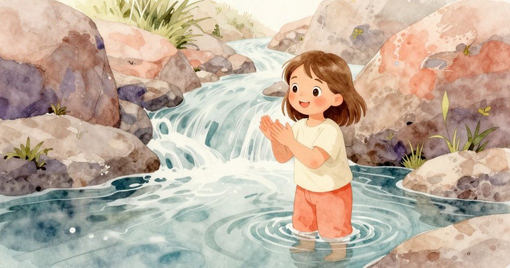 艾薇在清澈溪流中蹚水拍手,周圍有橙色小石頭飛躍,背景為柔和日光照亮的岩石牆壁,表情充滿活力