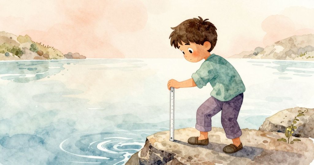 瑞恩站在岩石邊緣舉著刻有標記的量尺,水流與平靜水面形成鮮明對比,陽光灑落營造溫暖氛圍