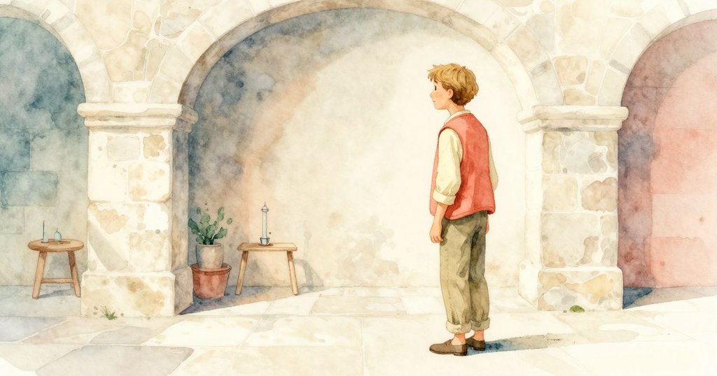 引導者站在溫柔光線灑落的砂岩大廳中,透過拱形結構靜靜觀察整個實驗,表情沉穩