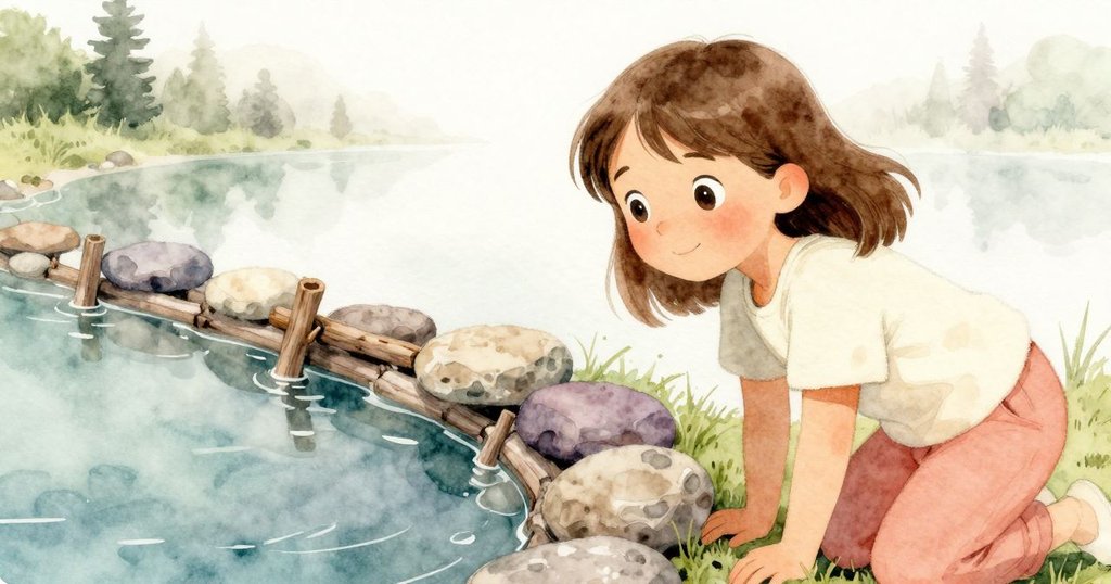 艾薇蹲下用靴子壓平石頭,水流暫停形成臨時堰壩,鏡頭聚焦細膩水面,表情專注而期盼