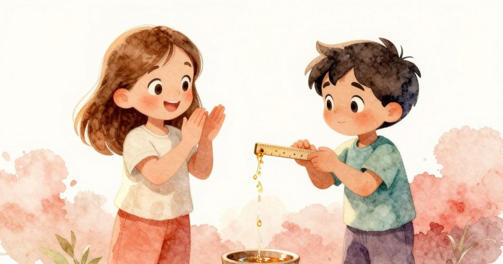 艾薇快樂拍手發出回音,瑞恩舉著量尺邊數邊微笑,背景溪水柔和流動,展現共同成功的喜悅