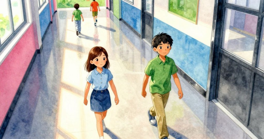 Stella攜帶海報管走過明亮走廊,Bram伏地整理傳單,貓咪安睡窗邊,展現學校溫暖晨光場景