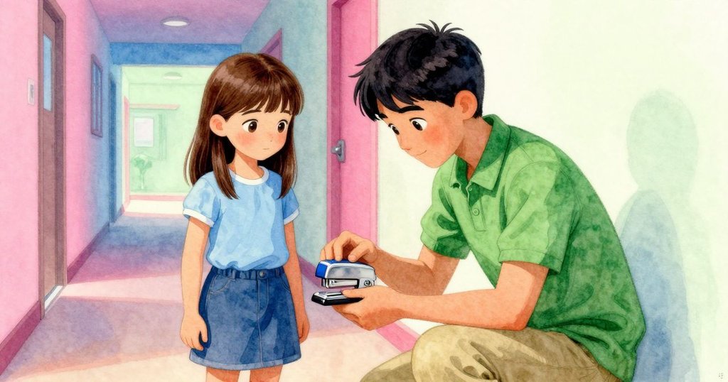 Bram從Stella肩後仔細檢查訂書機,Stella在旁觀察,雙人默契合作於柔和走廊光線下