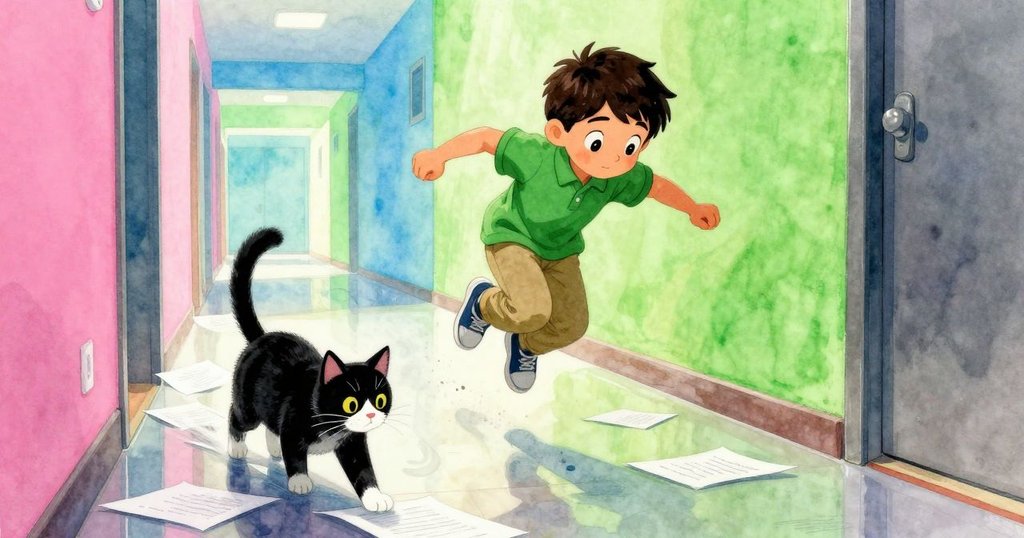 貓咪突然躍下撞落Bram整齊的紙堆,紙張在光滑地面上飛散,Bram驚訝反應突顯場面動感