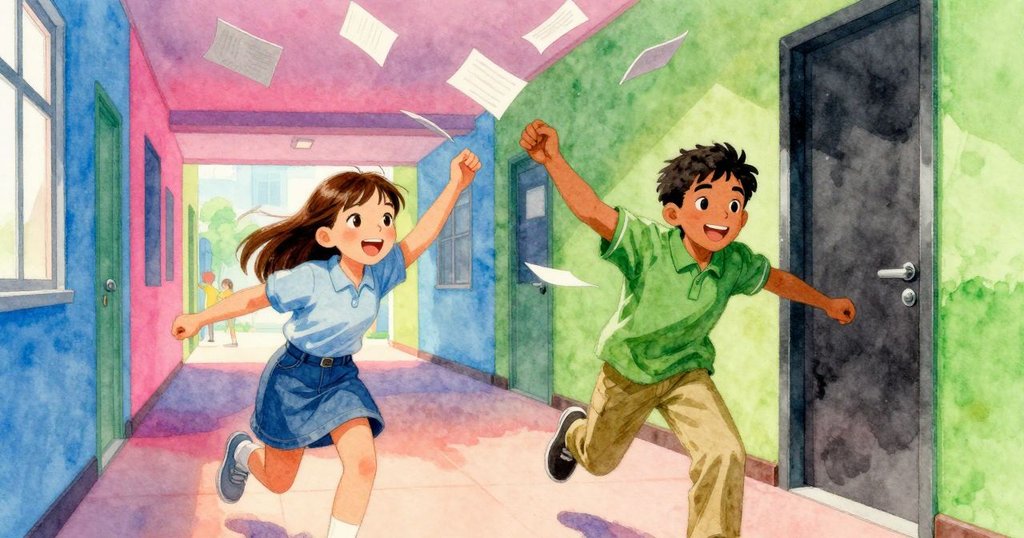 Stella與Bram急速伸手撿起散落紙張,動感十足展現團隊合作與專注,走廊環境生動活潑