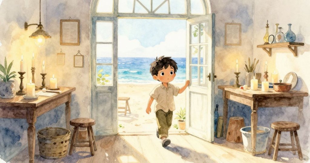 Eli走進燭台工作室, 室內透入早晨柔和光線, 展現期待情緒與溫暖環境, 蠟燭器具散落四周