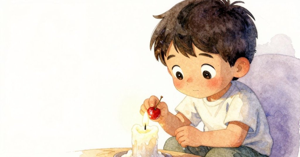 Eli凝視滴落蠟燭, 面部特寫呈現驚奇與專注, 工作台上蠟燭與工具映襯溫暖室內光線