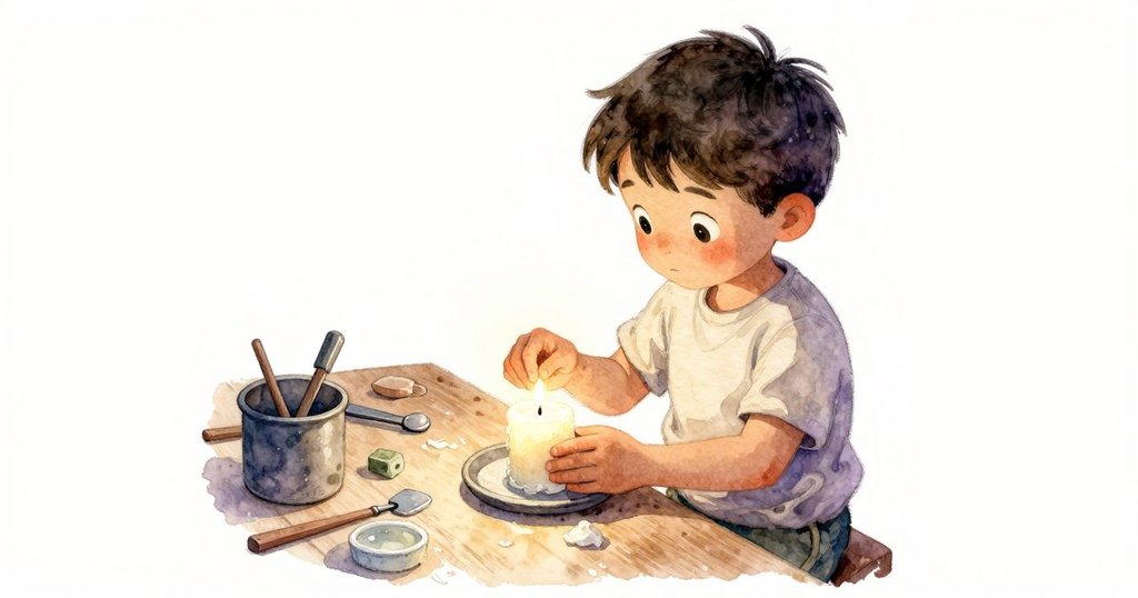 從上方俯瞰Eli在雜亂工作台上仔細處理蠟燭材料, 溫和燈光下展現專注與創作氛圍