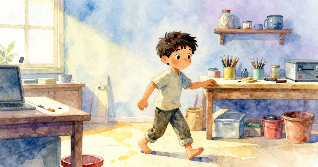 Eli從工作台移向色彩規劃區, 在過渡中展現專注與創意, 周遭充滿細膩變換與溫柔燈光