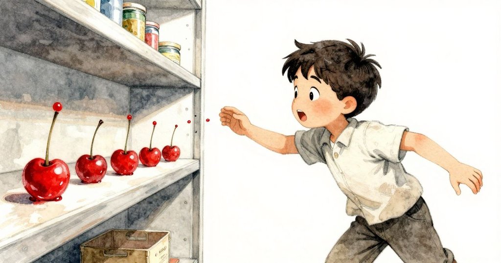 Eli迅速反應, 注意到紅色蠟滴從架子上滾落, 動作迅速中展現專注與緊迫感, 室內忙碌環境