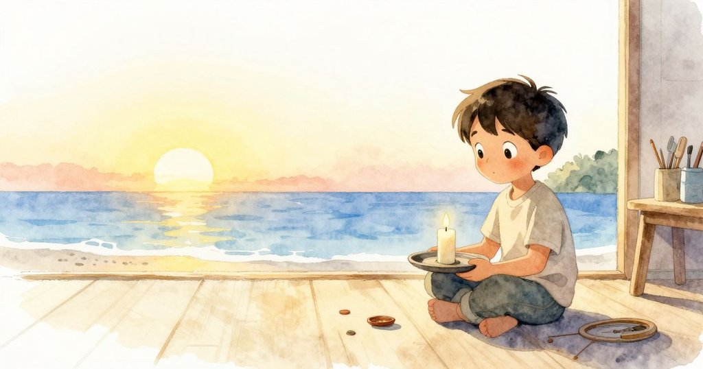 Eli平靜地欣賞完成的蠟燭, 整潔工作室映襯著溫暖氛圍, 展現創作完成後的安心與滿足