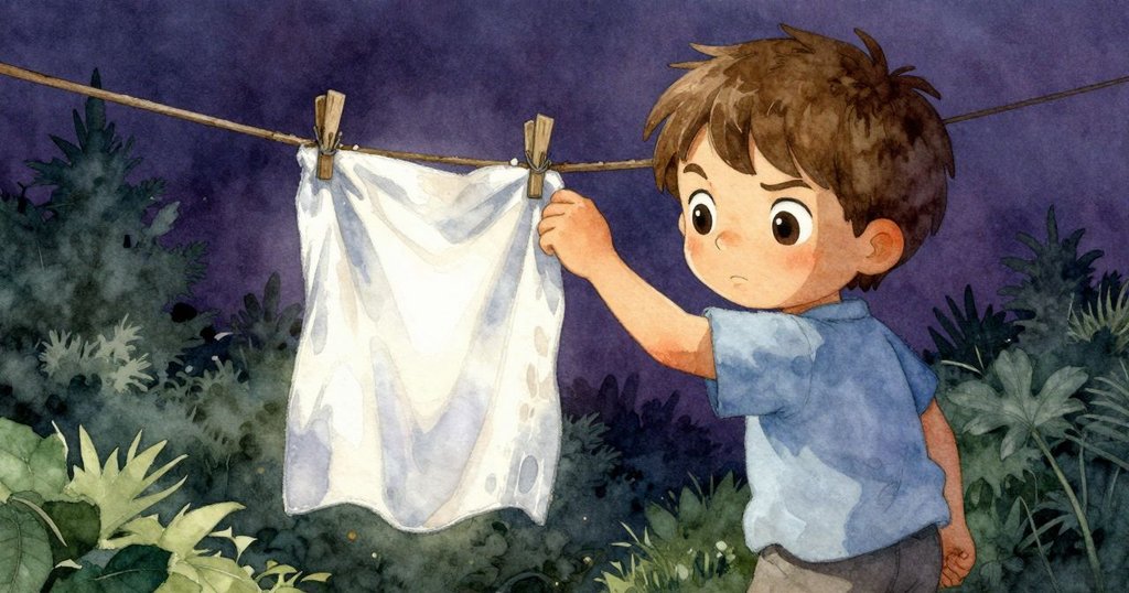 小男孩Xander正仔細拿著柔軟棉布,特寫展現布料紋理和木製晾架細節,目光堅定