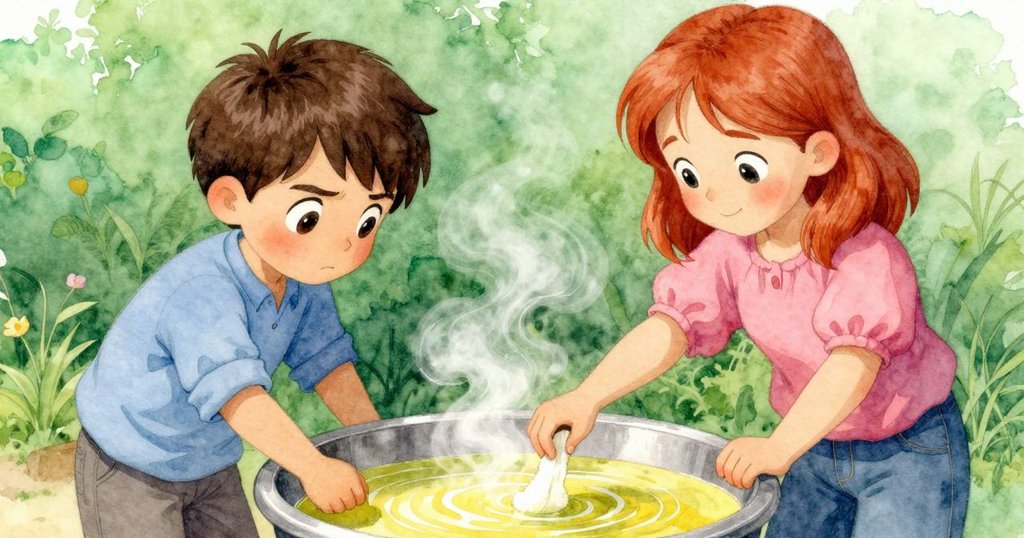 小男孩Xander的手正將棉布浸入黃綠色染液中,染液冒著暖霧,一顆染液滴落引起螞蟻驚散