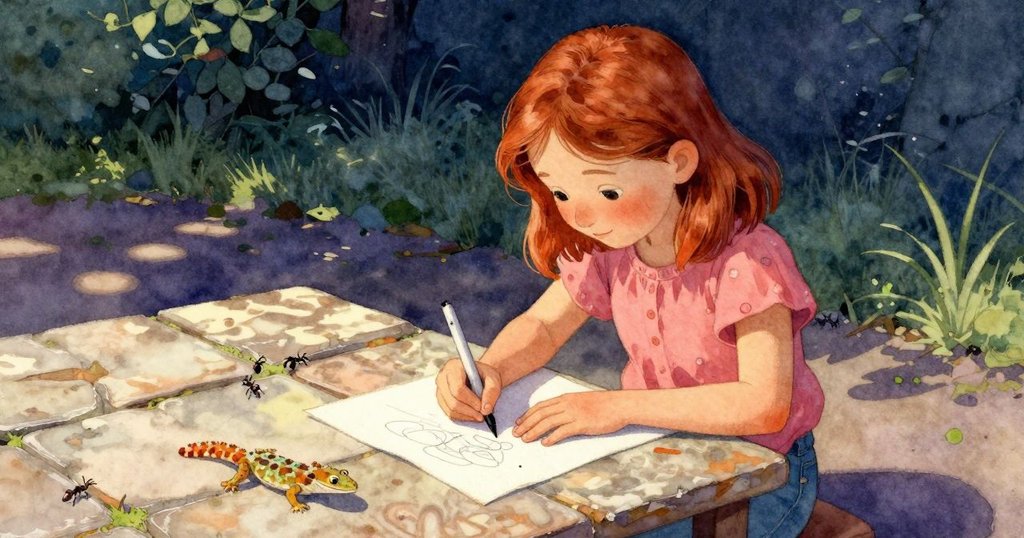 女孩Greta在室外工作桌前使用蠟筆,眼神專注,背景中壁虎趴在曬乾的石板上,螞蟻四散