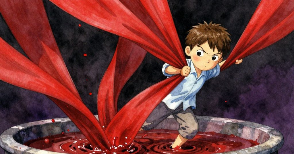 小男孩Xander緊握搖晃的晾衣桿,三條染料布猛烈揮動,液面上氣泡破裂,瞬間定格