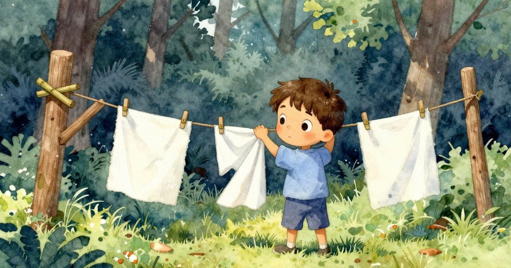 小男孩Xander用竹支撐穩住搖晃的木桿,重新掛好染料布,場景呈現平靜與收尾感