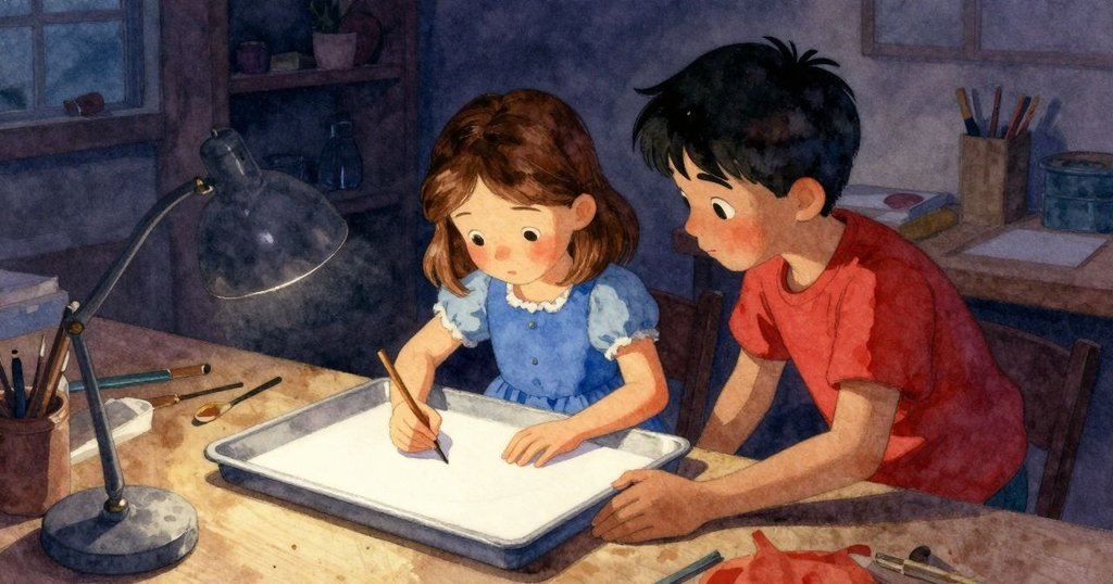 Ruby在昏暗工作室裡仔細檢查紙張，Paul在旁邊數滴漆，燈光局部照射，場景低調而神秘