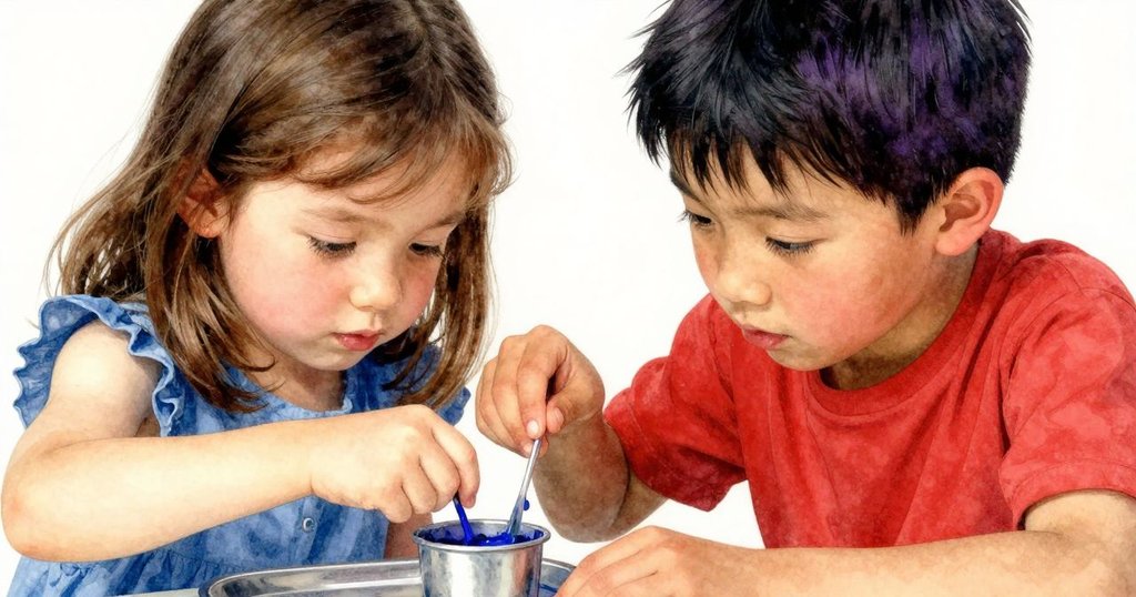 Ruby的手輕輕攪拌繪畫用的杯子，藍色漆滴落在托盤邊緣，細節豐富，專注而溫馨