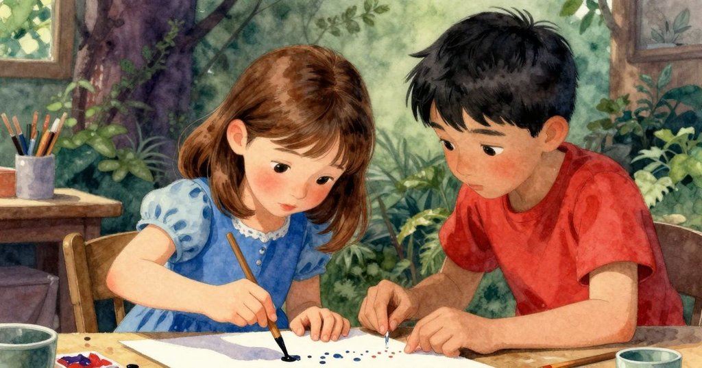 Ruby專注使用棒子輕輕畫動顏料，Paul安靜數數滴，層次豐富，工作室背景中透出藝術氣息