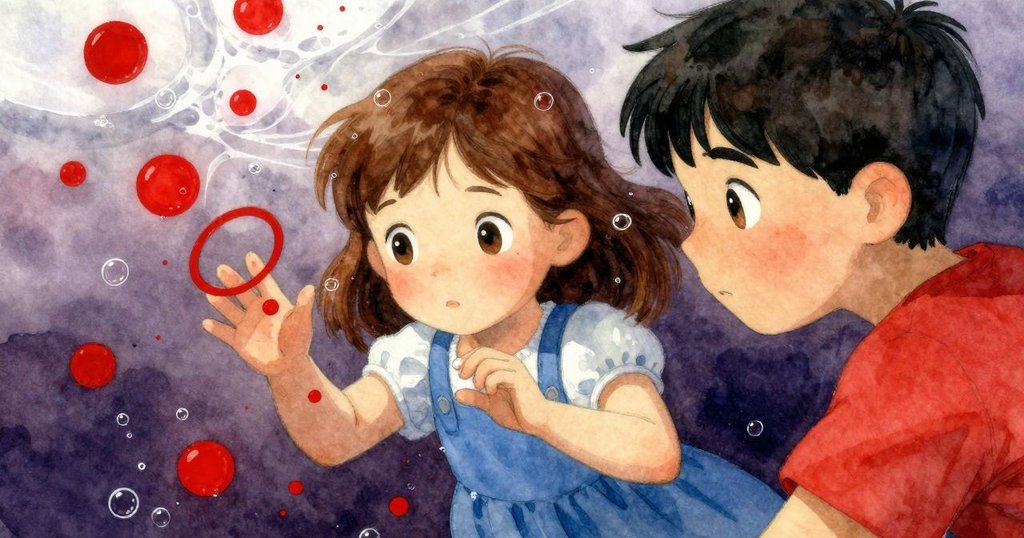 從液面下看見透明紙上紅點閃爍，氣泡慢慢破裂，宛如水下夢幻場景，充滿創作奇妙感