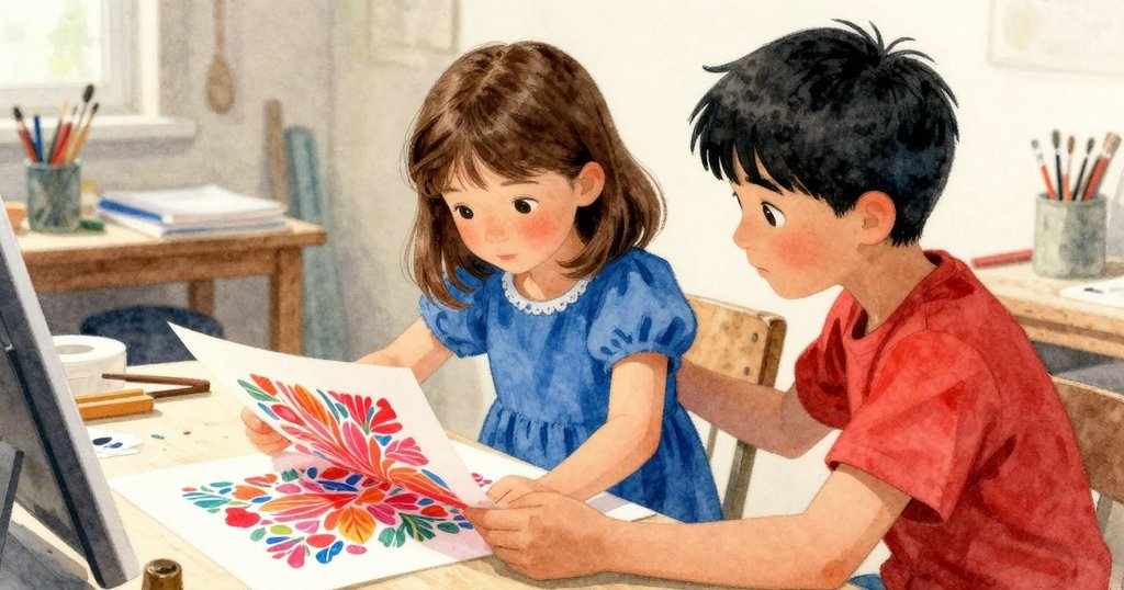 Ruby輕輕抬起鮮豔的印刷作品，Paul在旁支持，兩人臉上流露著成就的微笑，工作室靜謐氛圍中展現發現之美