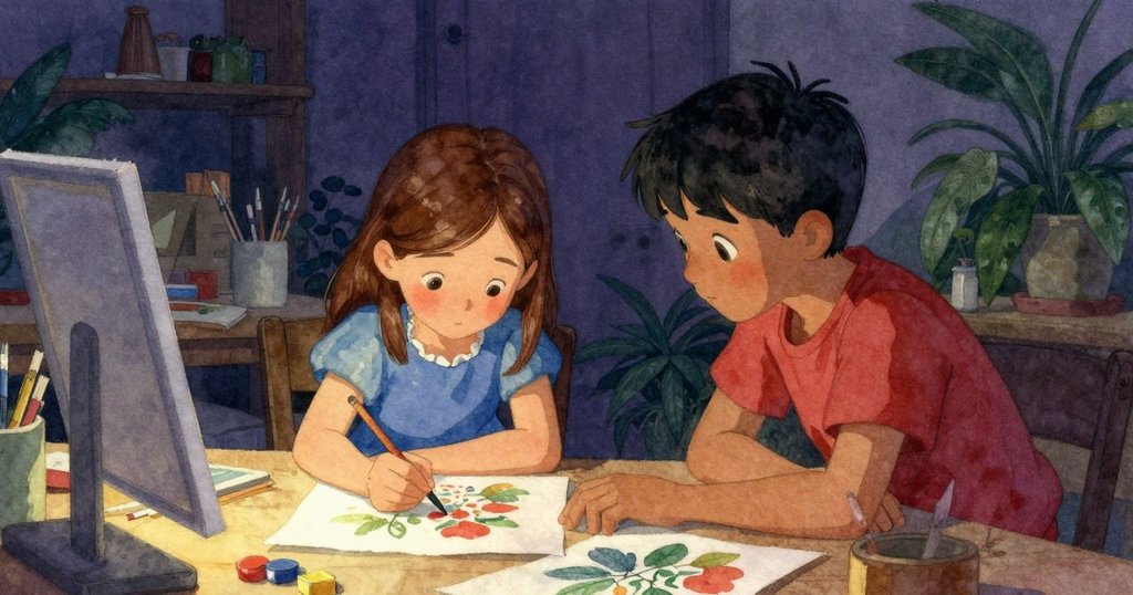 在寧靜工作室中，Ruby與Paul並肩而立，手持完成的印刷品，享受溫暖柔和光線下創作成功的平和時刻