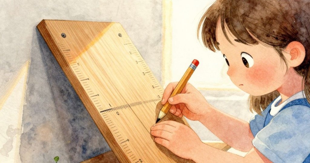 維維安專注地檢查刻有鉛筆劃線的木板，用捲尺測量，旁邊放著塑膠海豚，陽光輕灑細節清晰。