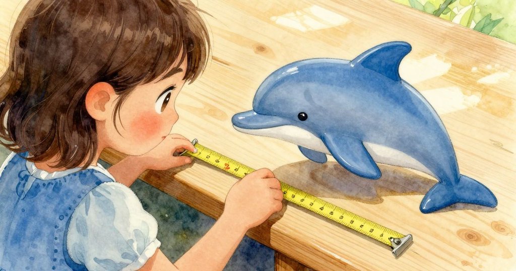 從維維安的視角看見手中捲尺正在測量劃線木板，旁邊靜置著塑膠海豚，展現堅定決心。