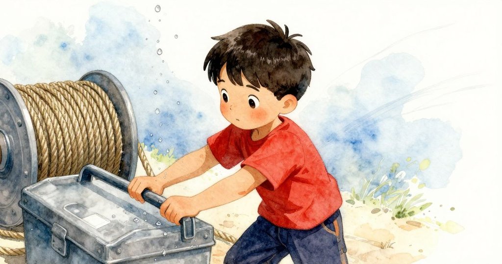 男孩迪恩在後景盤繞繩索，金屬工具箱上水滴閃爍，水杯意外濺出水跡，場景充滿驚喜轉折。