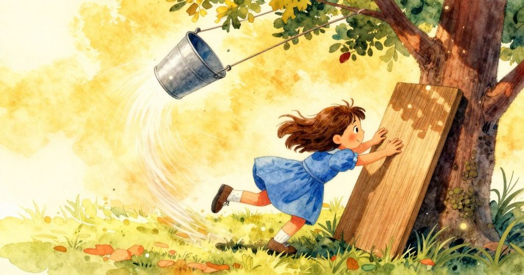 維維安用手掌穩住滑動木板，懸掛的桶劇烈擺動，動感十足，樹影與光線交織營造張力。