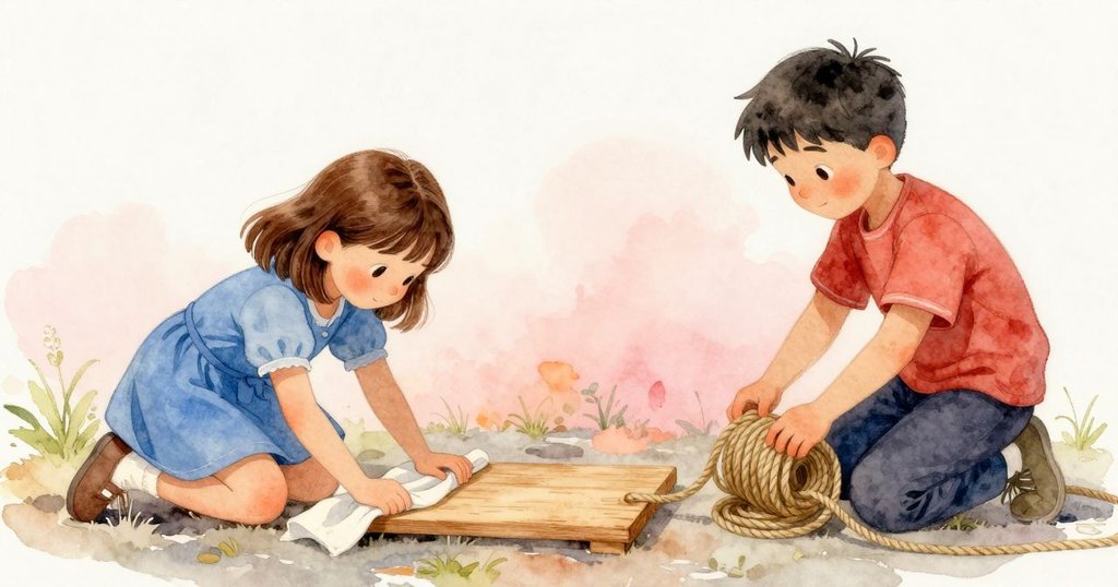 維維安夾入摺疊布料使木板對齊，迪恩在旁協助盤繞繩索，畫面溫暖且充滿後續可能，故事未完待續。