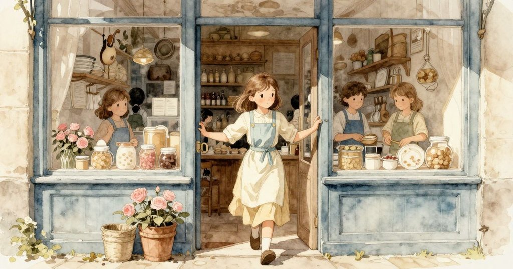 艾拉邁步進入麵包店，臉上表露期待，門口柔和陽光，溫暖忙碌的開始