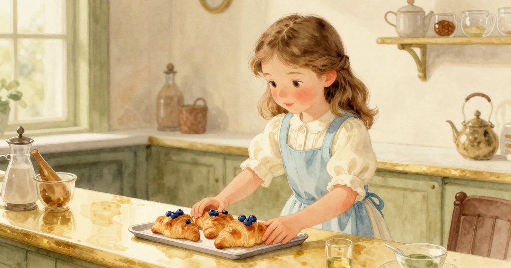 艾拉在櫃台前小心放置藍莓可頌，專注動作明確，燈光柔和，現場整潔有序