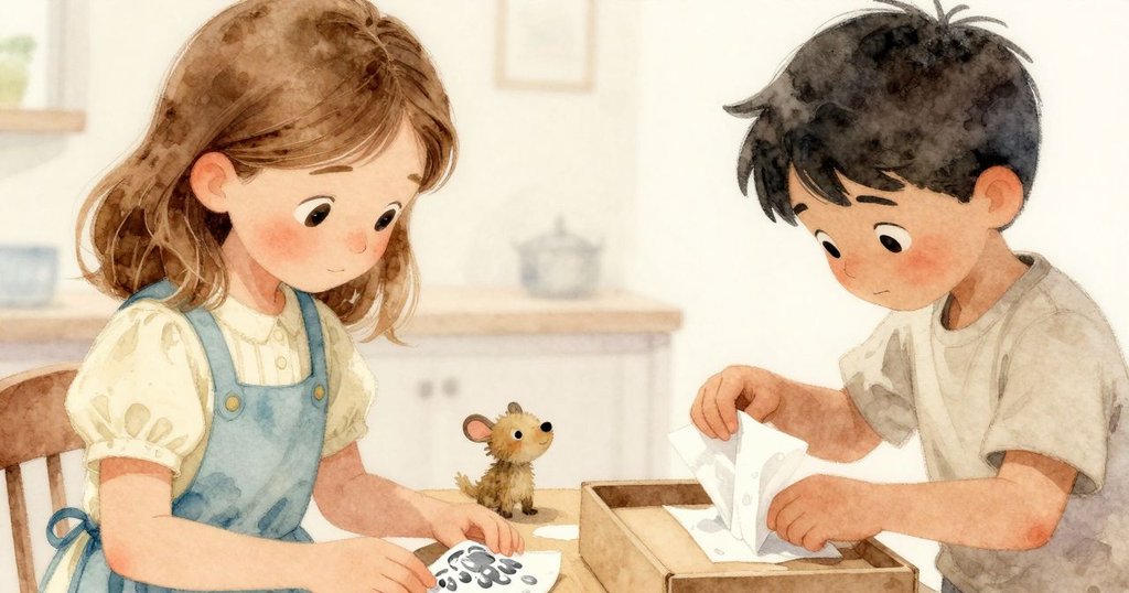 從低角度看見小動物好奇地注視印有銀爪的紙巾，細節豐富，光影柔和，充滿童趣