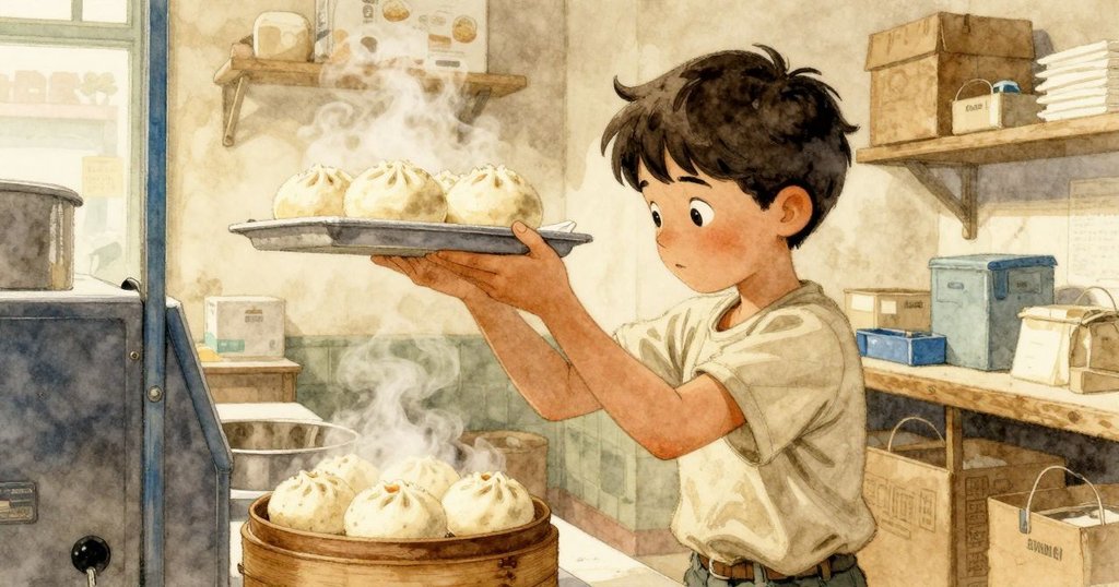 澤克平衡著裝有熱捲狀包子的托盤，專注看著包裝細節，溫和室內燈光襯托出藍色蒸汽