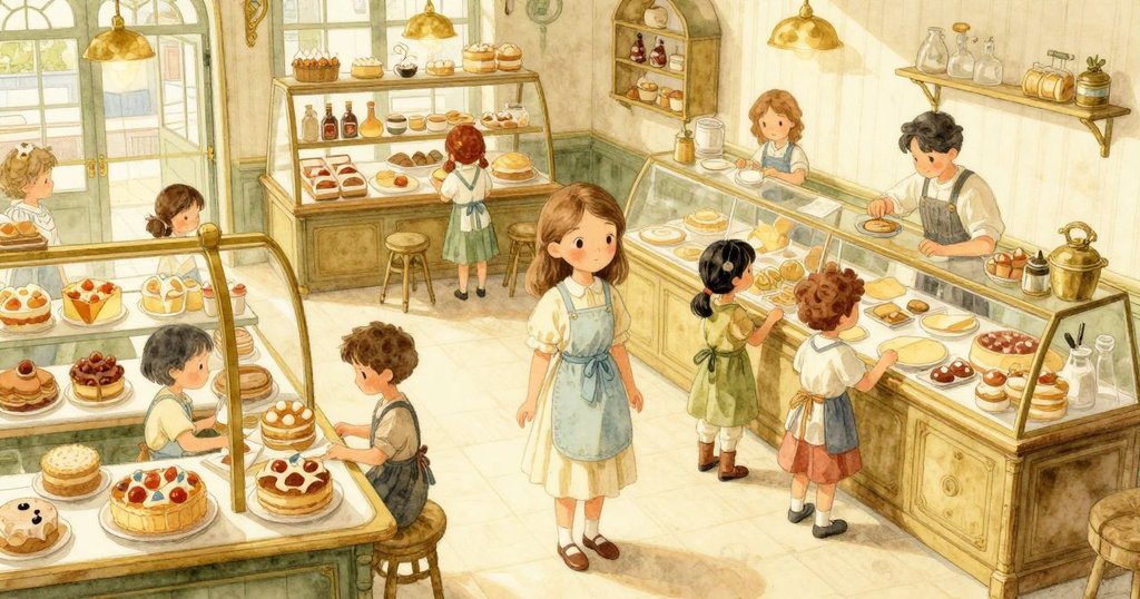 鏡頭拉遠展示繁忙麵包店，艾拉完成包裝，周遭顧客穿梭互動，整體氛圍和諧滿足