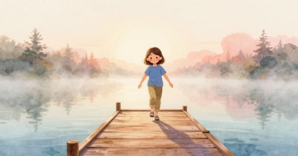 Lena踏在晨霧中的木碼頭上，輕柔陽光灑落，臉上流露好奇與寧靜情緒，湖面靜謐。