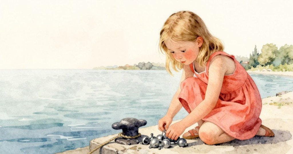 Harriet在岸邊設備區跪下整理鉛錘，背景中鬆弛的錨柱與輕柔流水襯出寧靜專注氛圍。