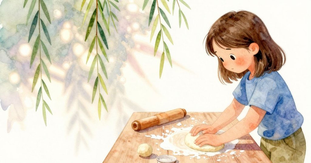 Lena在柳蔭下仔細將麵糰按在魚鉤上，雙手專注操作，斑駁光影營造出動態且溫馨的情景。