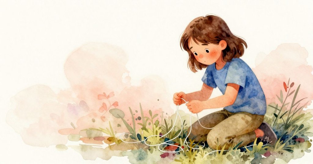 Lena跪在碼頭柱旁，耐心解開纏繞雜草中的漁線，畫面分割呈現奮鬥與平靜並存的情感。