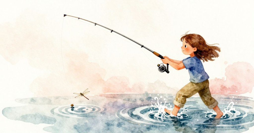 Lena揮竿釣魚時，水面上出現動態軌跡，蜻蜓掠過，激起閃爍漣漪，小魚一瞬間躍起，動感十足。