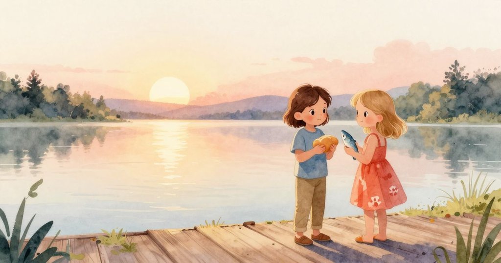 在落日時分，木板上顯現幼狐狸足印，Harriet握著麵糰，Lena小心展示亮麗魚鱗，兩人沐浴在金色暖光中，情景寧靜。