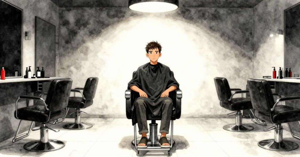 Quinn 坐在現代沙龍轉椅上,神情平靜,背景鏡牆反映出濕髮與柔和光線,整個環境散發出冷暖交融的寧靜氣息。