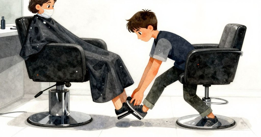 低角度展現 Quinn 用腳跟推動液壓踏板的畫面,他臉上流露堅定決心,沙龍內部明亮且對比強烈。