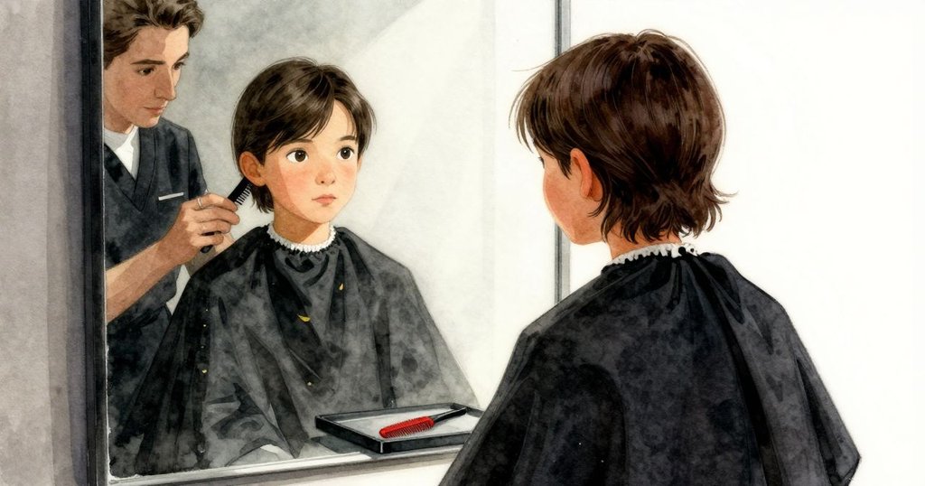 鏡中完整呈現 Quinn 的面容,梳盤上孤葉靜臥象徵日常中意外美感,Stylist 輕柔背景中營造出最後平和儀式感。