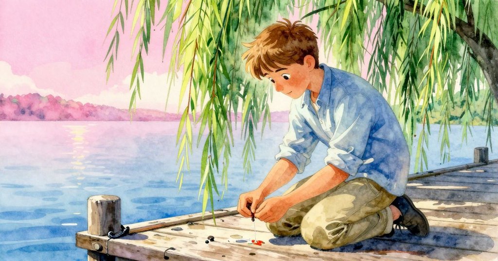 昆恩在木製碼頭準備釣魚，動作專注，背景有垂柳和水面，展示故事開始情節