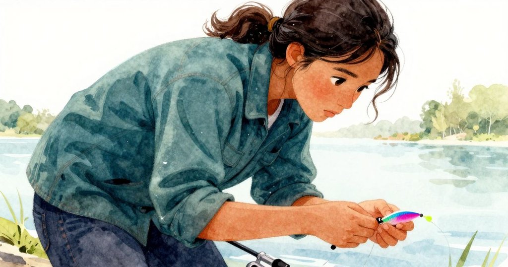 韋斯佩爾在岸邊整理誘餌，表情驚訝且專注，細緻面部特寫呈現故事發展轉折