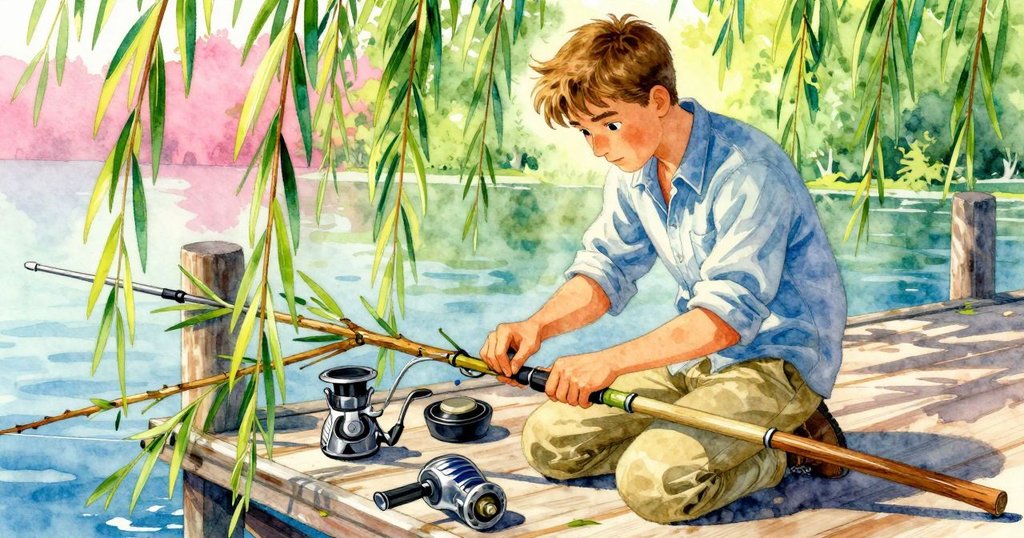 昆恩努力用倒下柳枝調整釣線，手部細節清晰，背景展現木板和水面，呈現挑戰時刻