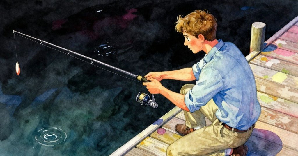 從高處俯視顯示昆恩調整柳枝，釣竿及漂浮誘餌細節完整，展示碼頭全景和故事進展