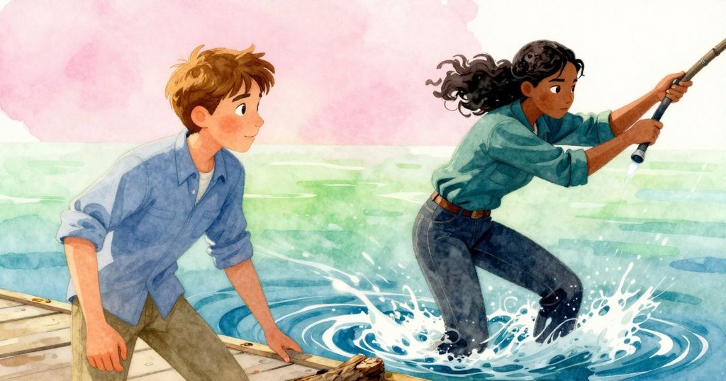 瞬間畫面展示誘餌跳入水中，柳枝急速移動引起釣線交織，水面漣漪與動感呈現故事高潮